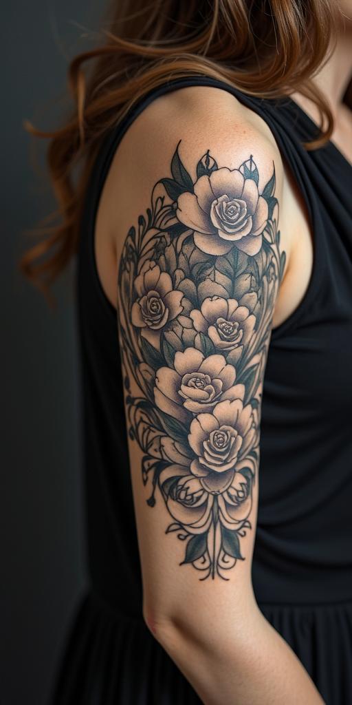 Elainein victorian style tattoo, featuring vintage and elegant elements, ornate frames, roses, antique, sepia-toned color scheme - Variation 2