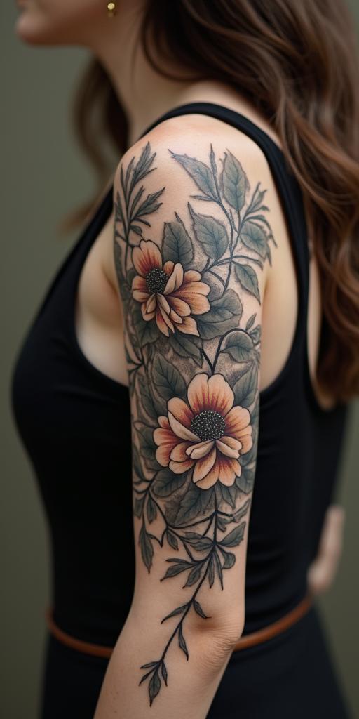 Elainein victorian style tattoo, featuring vintage and elegant elements, ornate frames, roses, antique, sepia-toned color scheme