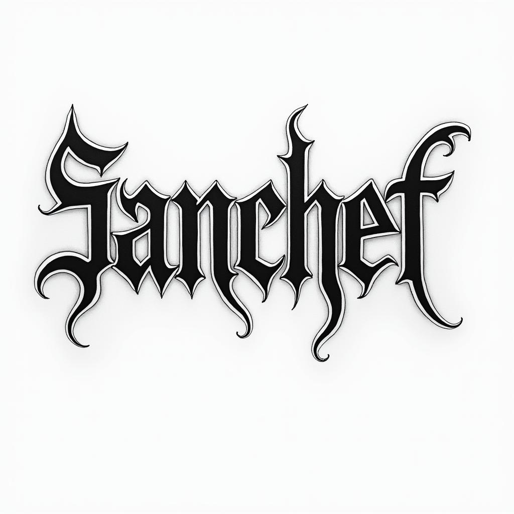 Sancheztext-based tattoo, gothic font ultra-realistic, perfectly placed, high-quality font design, photo-realistic shading, 8k, high quality, finely detailed typography - Variation 3