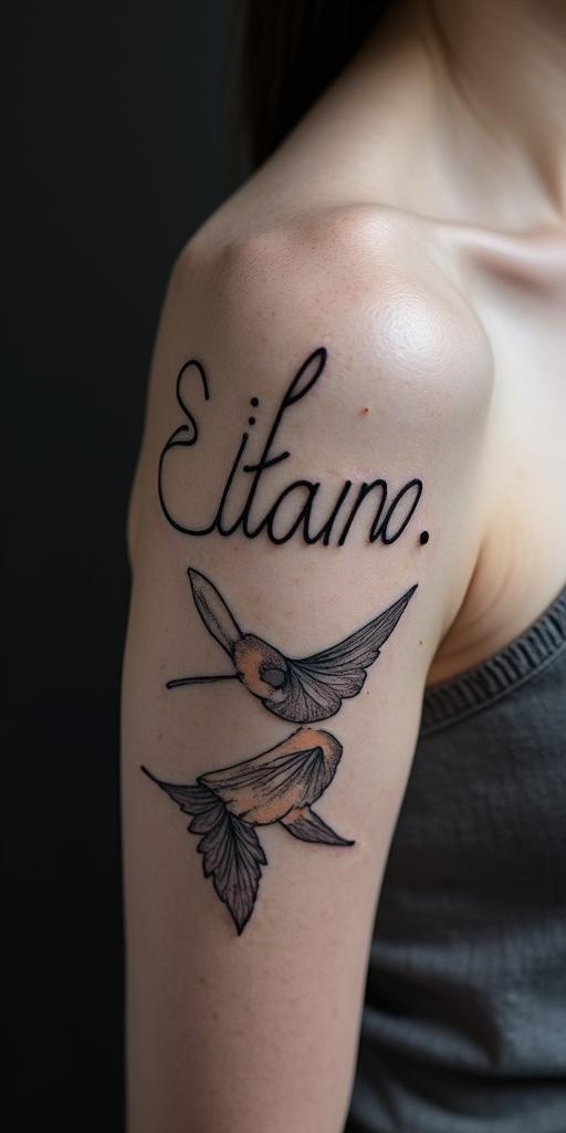 Elaineminimalist text-based tattoo, Monospace font ultra-realistic, perfectly placed, high-quality font design, photo-realistic shading, 8k, high quality, finely detailed typograph