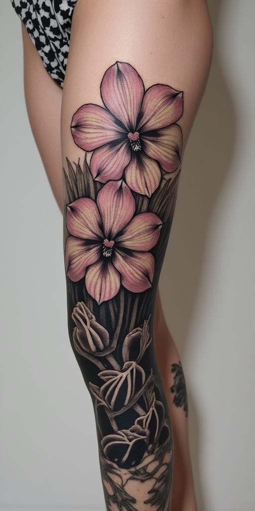 Orchid, passionflower, cactus blossom, nature, serenityin authentic tattoo style, incorporating traditional modifications, bold black outlines, solid color fills, featuring classic authentic elements - Variation 3