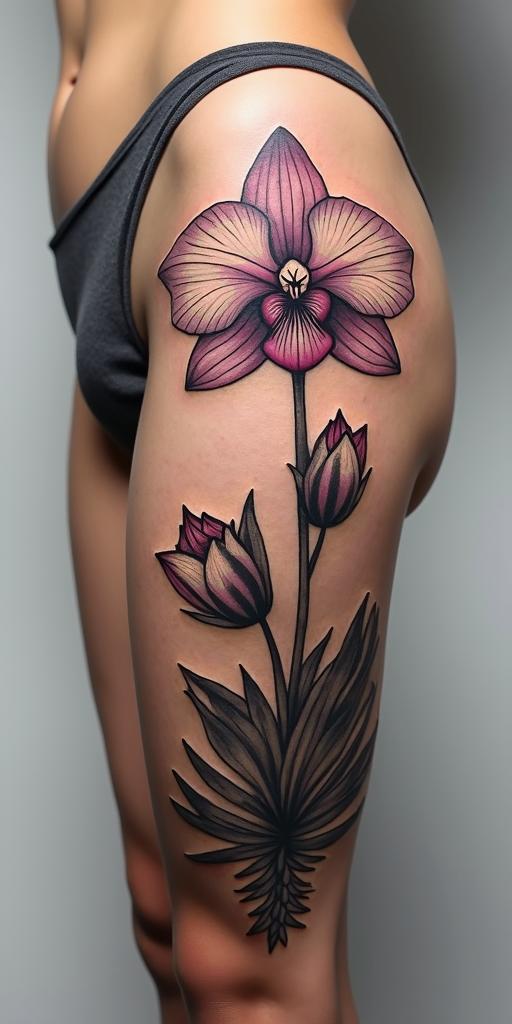 Orchid, passionflower, cactus blossom, nature, serenityin authentic tattoo style, incorporating traditional modifications, bold black outlines, solid color fills, featuring classic authentic elements - Variation 2