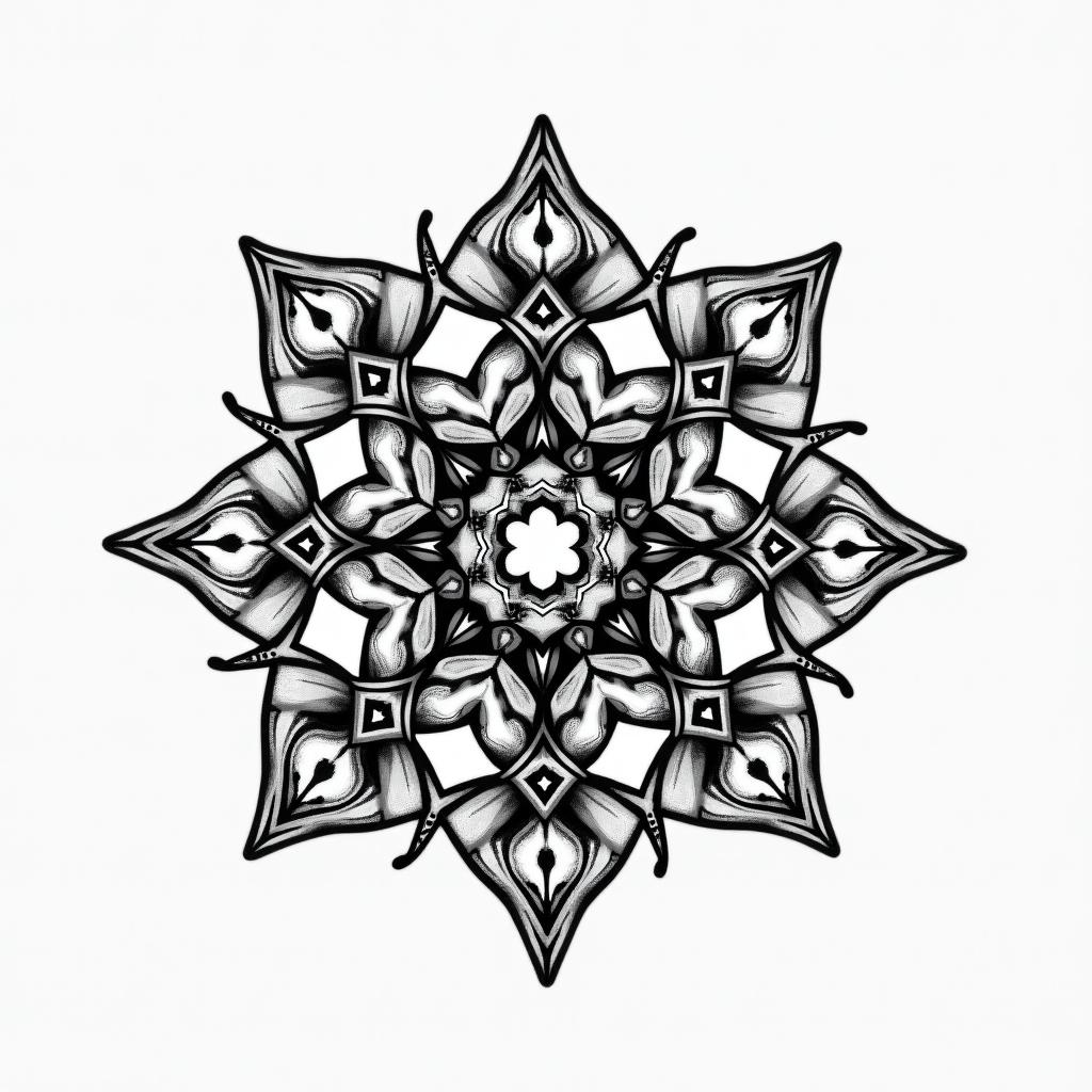 Infini, Maé, 15, 09, 23 in geometric style tattoo, blending hexagons, mandala-inspired patterns, symmetrical and fractal design, clean lines, sharp angles