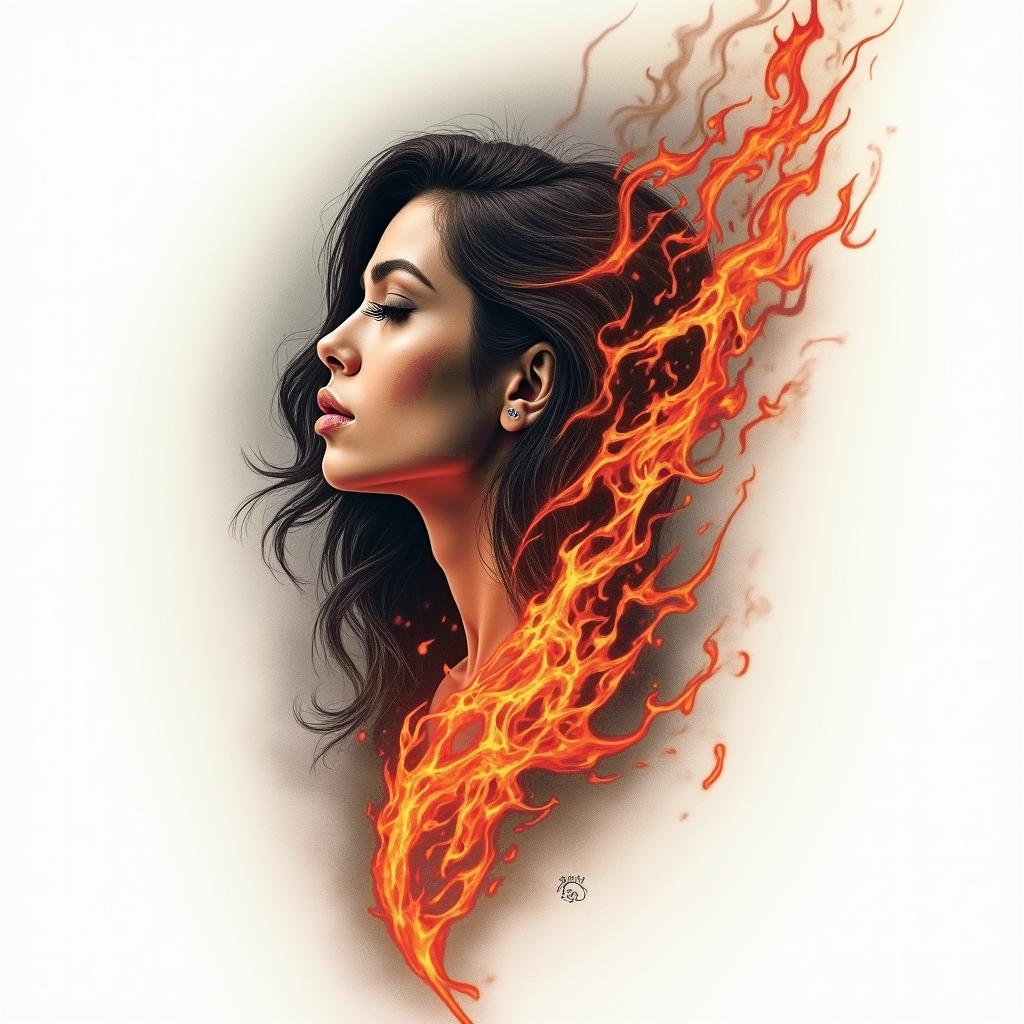 Aunty Lindain flame tattoo style showcasing fiery elements with dynamic flame patterns, glowing effect of flames, natural colors