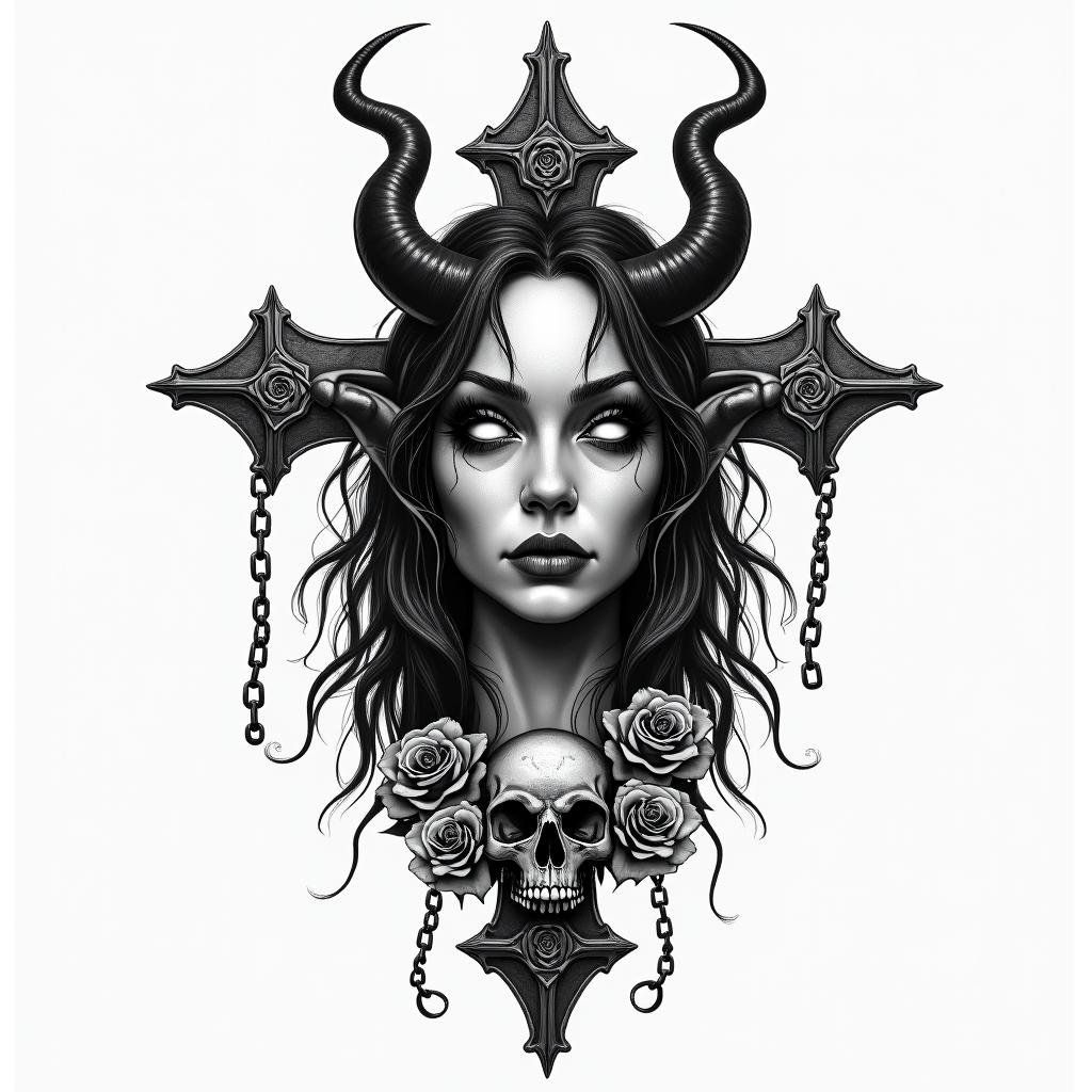 A bugging female devil who tempts me and has a lot of fun with her and I always fool her.in chicano style tattoo, featuring intricate black and grey shading, bold elements of traditional chicano culture symbols, add a big cross with skull, chains and roses