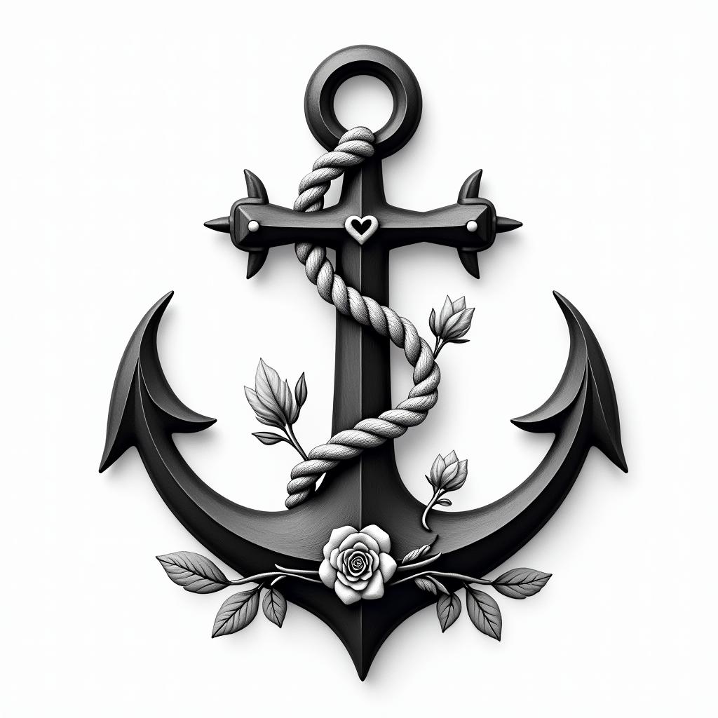 Anchor with nautical rope and compassin elegant cursive calligraphy style 2d tattoo, decorate with roses, featuring a smooth and flowing handwritten script with slightly thickened strokes for a luxurious and bold appearance,  heart symbol between names,  sleek and glossy black text with shadowing, minimalist matte white background, clean and sharp edges, illuminated with soft lighting, romantic, 8k, high-quality textures with refined typography