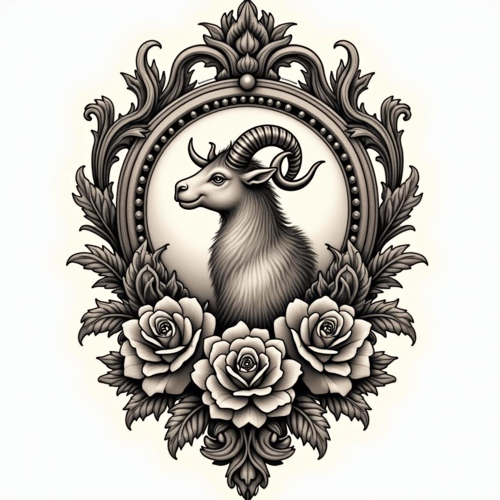 Capricornin victorian style tattoo, featuring vintage and elegant elements, ornate frames, roses, antique, sepia-toned color scheme - Variation 2