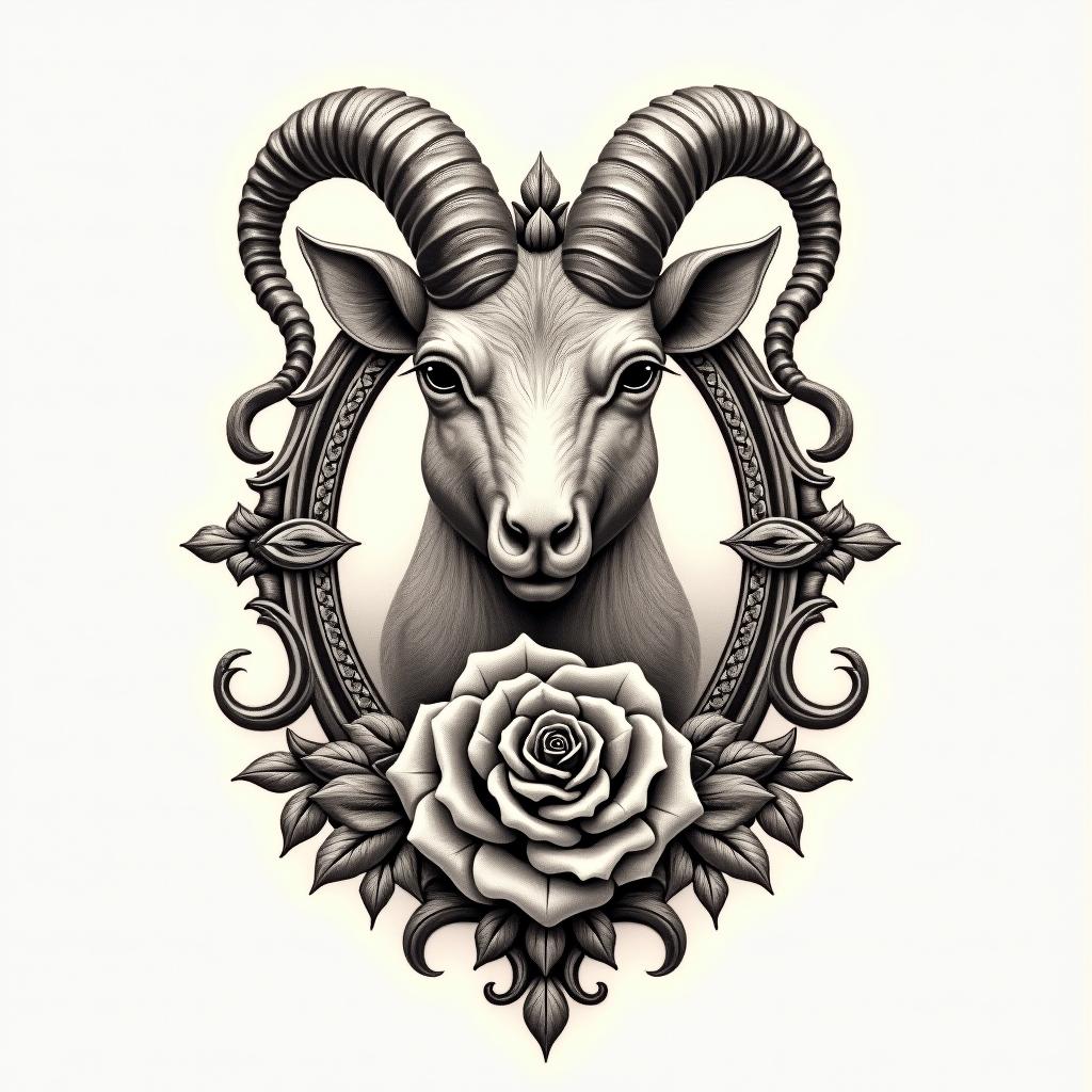 Capricornin victorian style tattoo, featuring vintage and elegant elements, ornate frames, roses, antique, sepia-toned color scheme