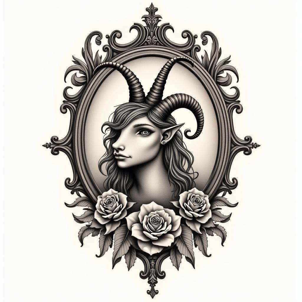 Capricornin victorian style tattoo, featuring vintage and elegant elements, ornate frames, roses, antique, sepia-toned color scheme - Variation 3