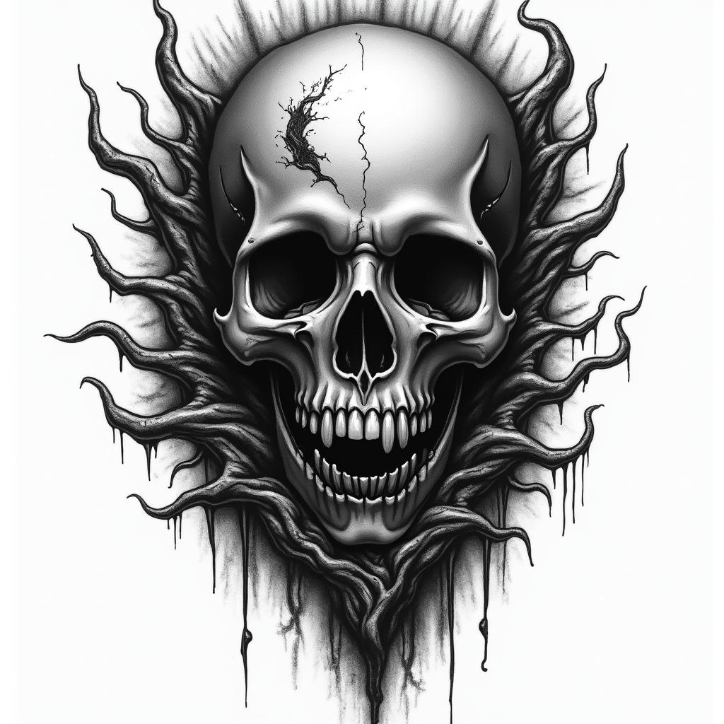 Marine in horror tattoo style, showcasing haunting and unsettling, dark and gritty textures with skulls, eerie faces, jgged designs, bold and intense shading - Variation 4