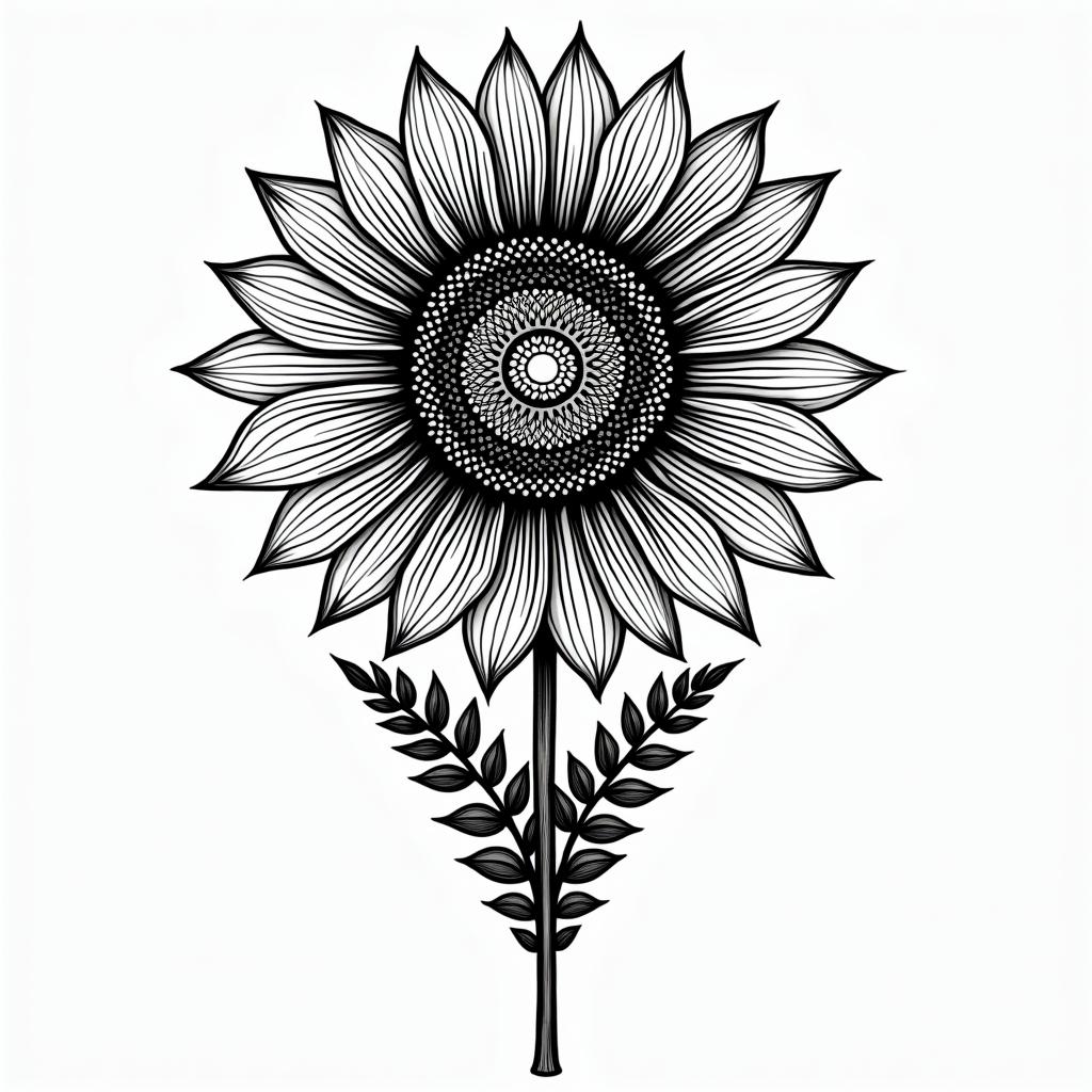 Sunflower + fernin dotwork style tattoo, complex mandala patterns, interlocking geometric shapes with sharp symmetry, clean lines, sharp angles - Variation 4