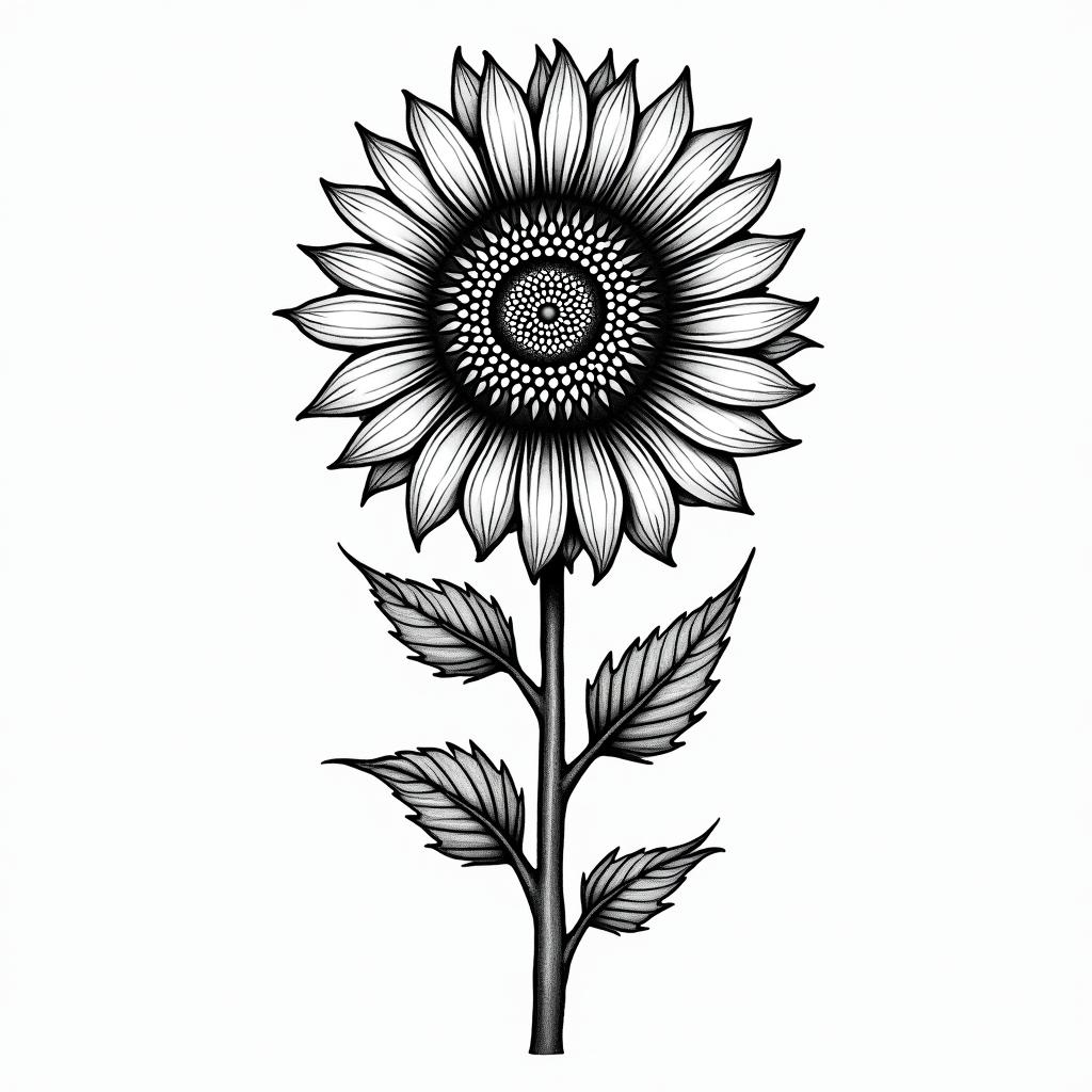 Sunflower + fernin dotwork style tattoo, complex mandala patterns, interlocking geometric shapes with sharp symmetry, clean lines, sharp angles - Variation 2