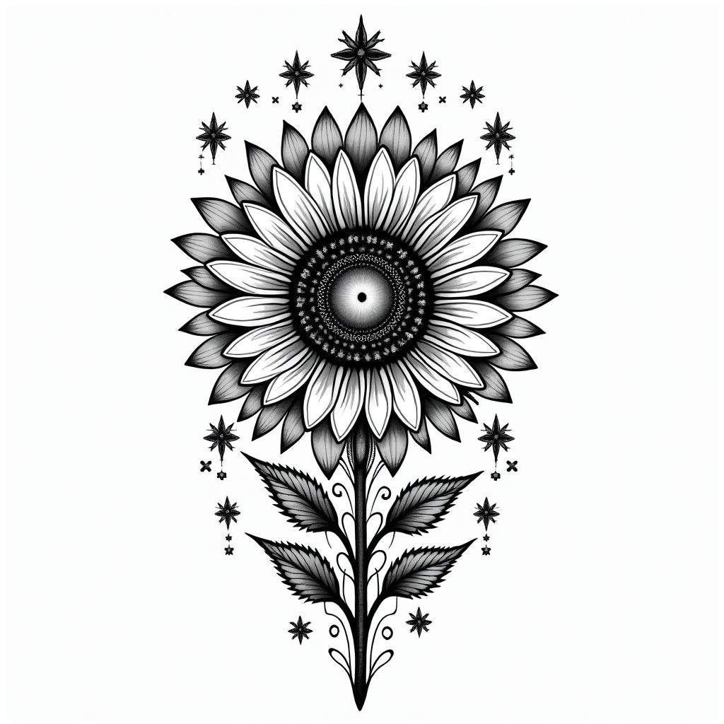 Sunflower + fernin prophecy tattoo style, featuring mystical symbols, celestial imagery like stars, moons, suns, geometric patterns, foretelling elements, an eye of wisdom - Variation 5
