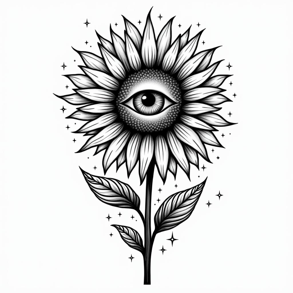 Sunflower + fernin prophecy tattoo style, featuring mystical symbols, celestial imagery like stars, moons, suns, geometric patterns, foretelling elements, an eye of wisdom - Variation 8