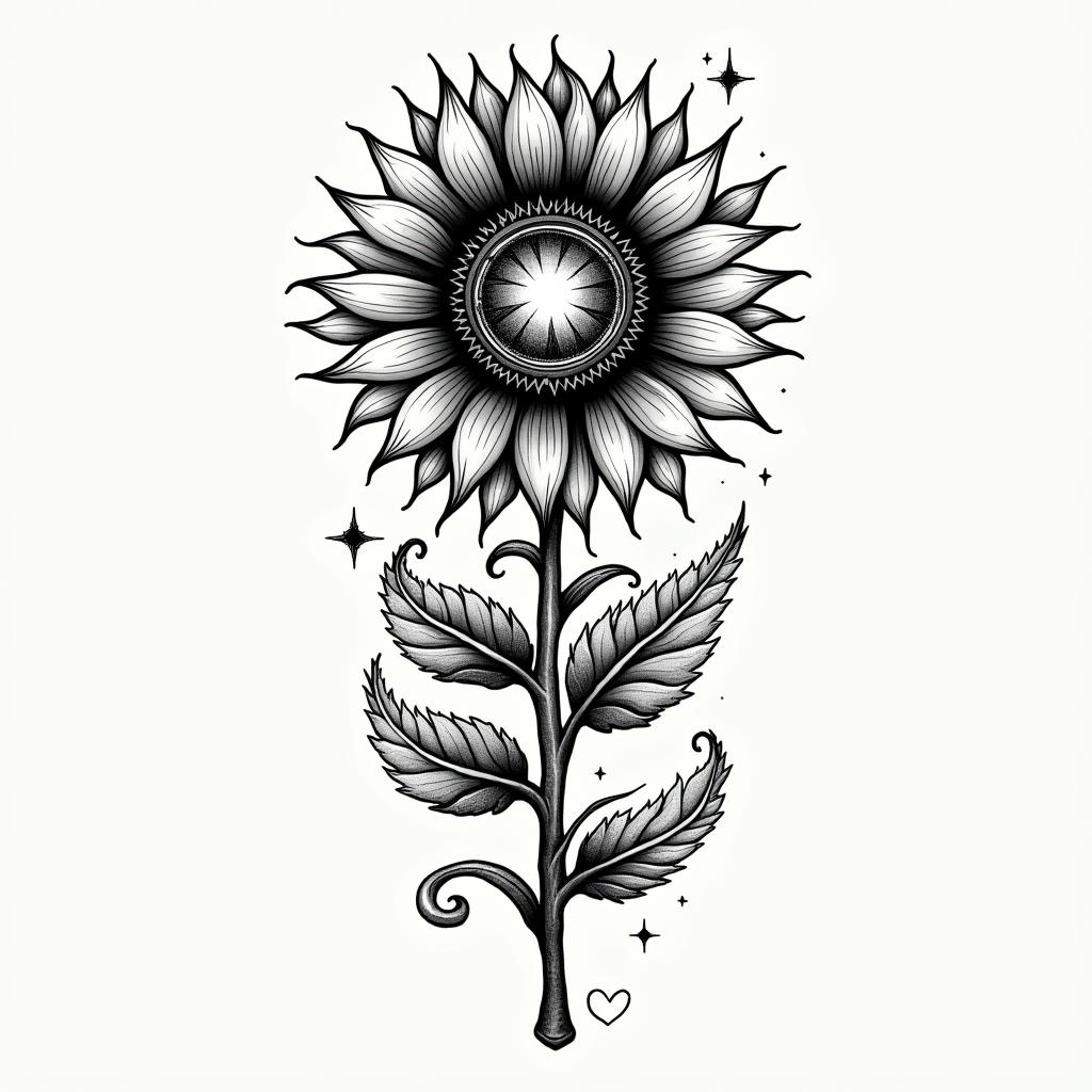 Sunflower + fernin prophecy tattoo style, featuring mystical symbols, celestial imagery like stars, moons, suns, geometric patterns, foretelling elements, an eye of wisdom - Variation 2