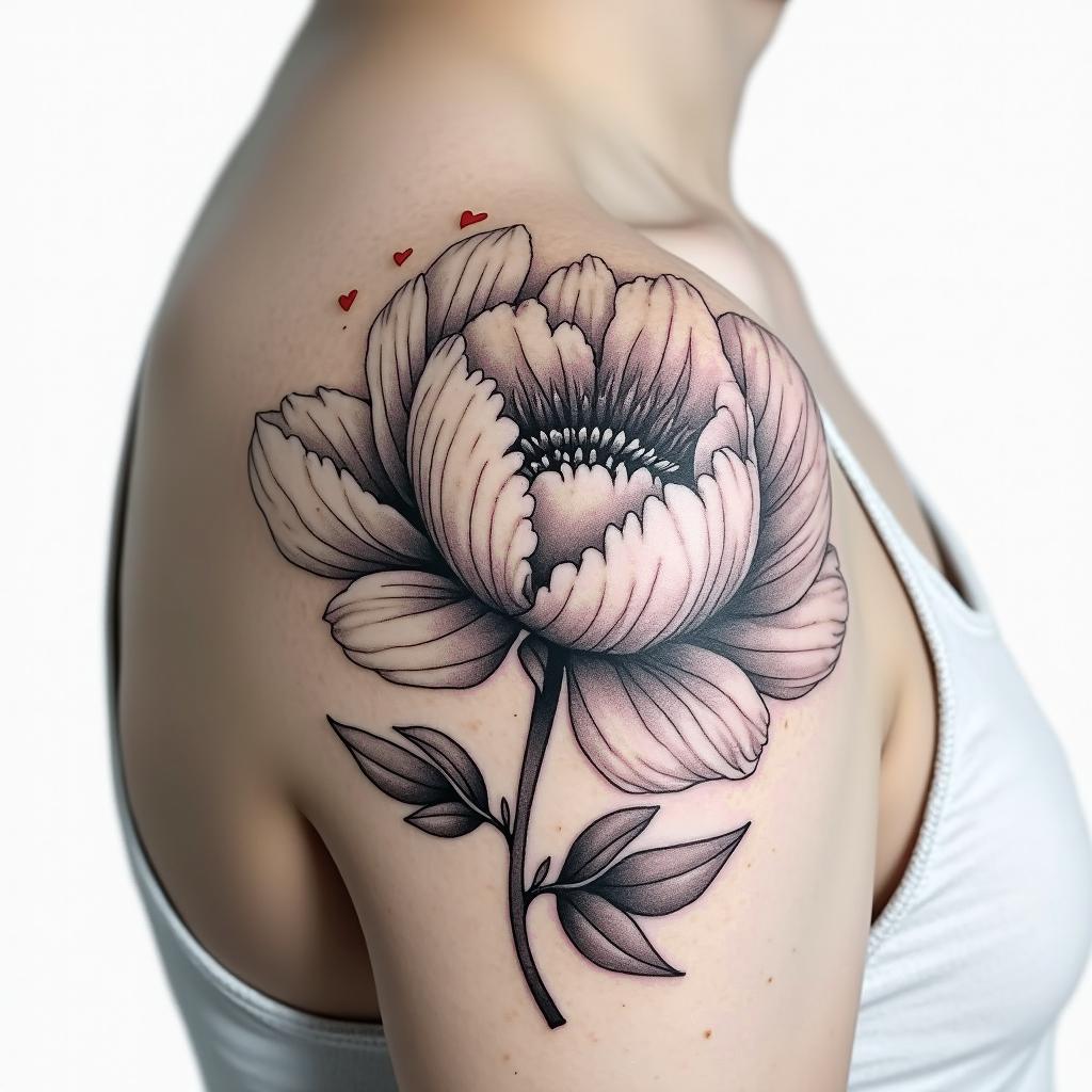 Black ink Realism peony shoulder tat with light shading, with the word bismallah written on the outer front starting at the top of the shoulder blade written in dramatic script front in red ink peaking
through the flowersin Modest style tattoo, featuring soft, delicate line work with simple and meaningful symbols, gentle waves, a heart, evoking a sense of serenity and grace, - Variation 3