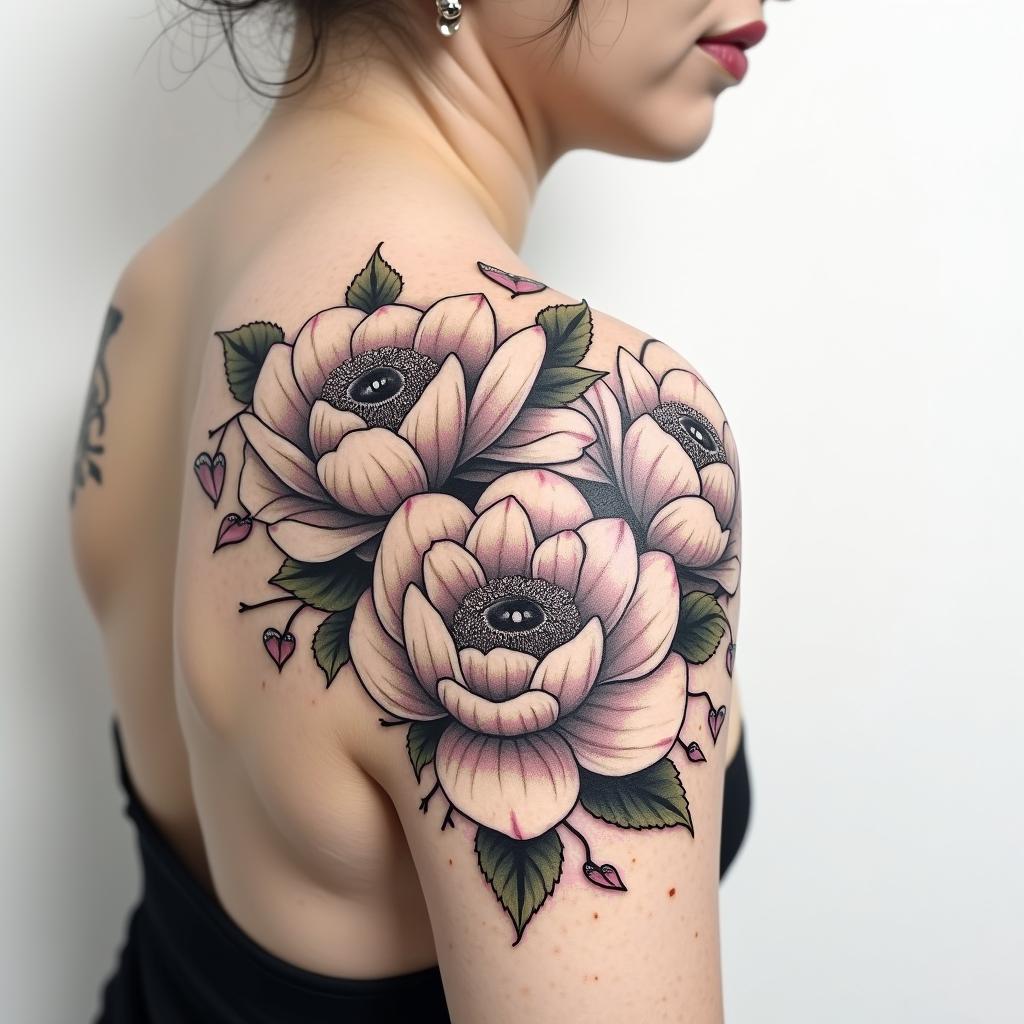 Black ink Realism peony shoulder tat with light shading, with the word bismallah written on the outer front starting at the top of the shoulder blade written in dramatic script front in red ink peaking
through the flowersin Modest style tattoo, featuring soft, delicate line work with simple and meaningful symbols, gentle waves, a heart, evoking a sense of serenity and grace, - Variation 4