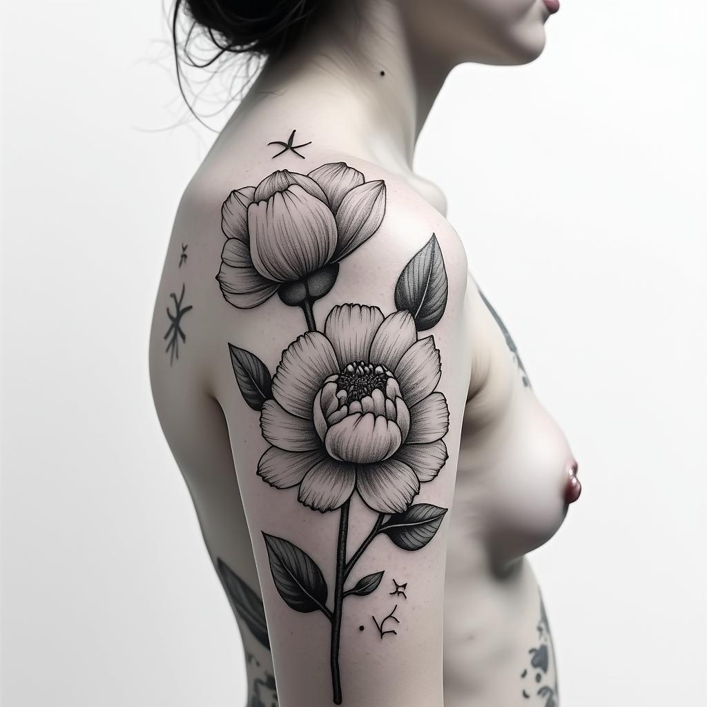 Black ink Realism peony shoulder tat with light shading, with the word bismallah written on the outer front starting at the top of the shoulder blade written in dramatic script front in red ink peaking
through the flowersin Modest style tattoo, featuring soft, delicate line work with simple and meaningful symbols, gentle waves, a heart, evoking a sense of serenity and grace, - Variation 2