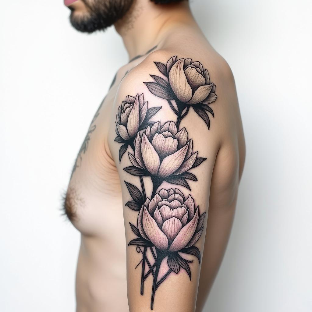 Black ink Realism peony shoulder tat with light shading, with the word bismallah written on the outer front starting at the top of the shoulder blade written in dramatic script front in red ink peaking
through the flowersin Modest style tattoo, featuring soft, delicate line work with simple and meaningful symbols, gentle waves, a heart, evoking a sense of serenity and grace,