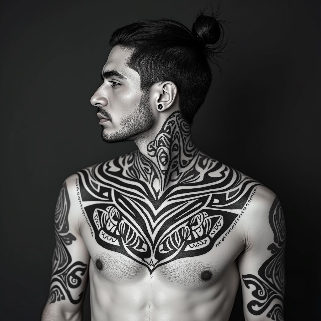 Sagittariusin tribal tattoo style, featuring bold and black geometric shapes, curved lines, intertwine and flow seamlessly, creating a powerful and symbolic design, polynesian and maori styles - Variation 15
