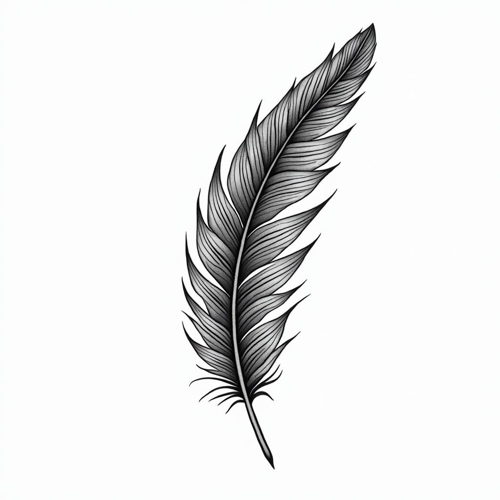 Feather in geometric style tattoo, blending hexagons, mandala-inspired patterns, symmetrical and fractal design, clean lines, sharp angles