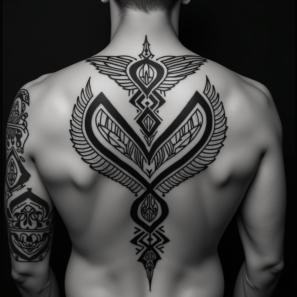 Sagittariusin tribal tattoo style, featuring bold and black geometric shapes, curved lines, intertwine and flow seamlessly, creating a powerful and symbolic design, polynesian and maori styles - Variation 12