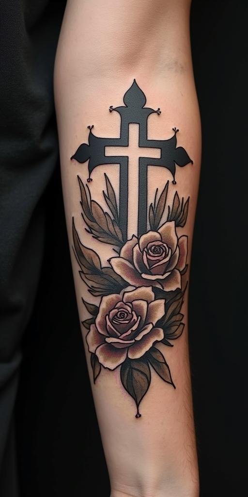 Jesus with crosses, birds, and Psalm 91 verse 2, with the name Kellani written above, all in black and white with red roses.text-based tattoo, gothic font ultra-realistic, perfectly placed, high-quality font design, photo-realistic shading, 8k, high quality, finely detailed typography - Variation 3
