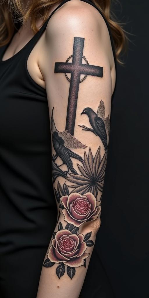 Jesus with crosses, birds, and Psalm 91 verse 2, with the name Kellani written above, all in black and white with red roses.text-based tattoo, gothic font ultra-realistic, perfectly placed, high-quality font design, photo-realistic shading, 8k, high quality, finely detailed typography - Variation 4