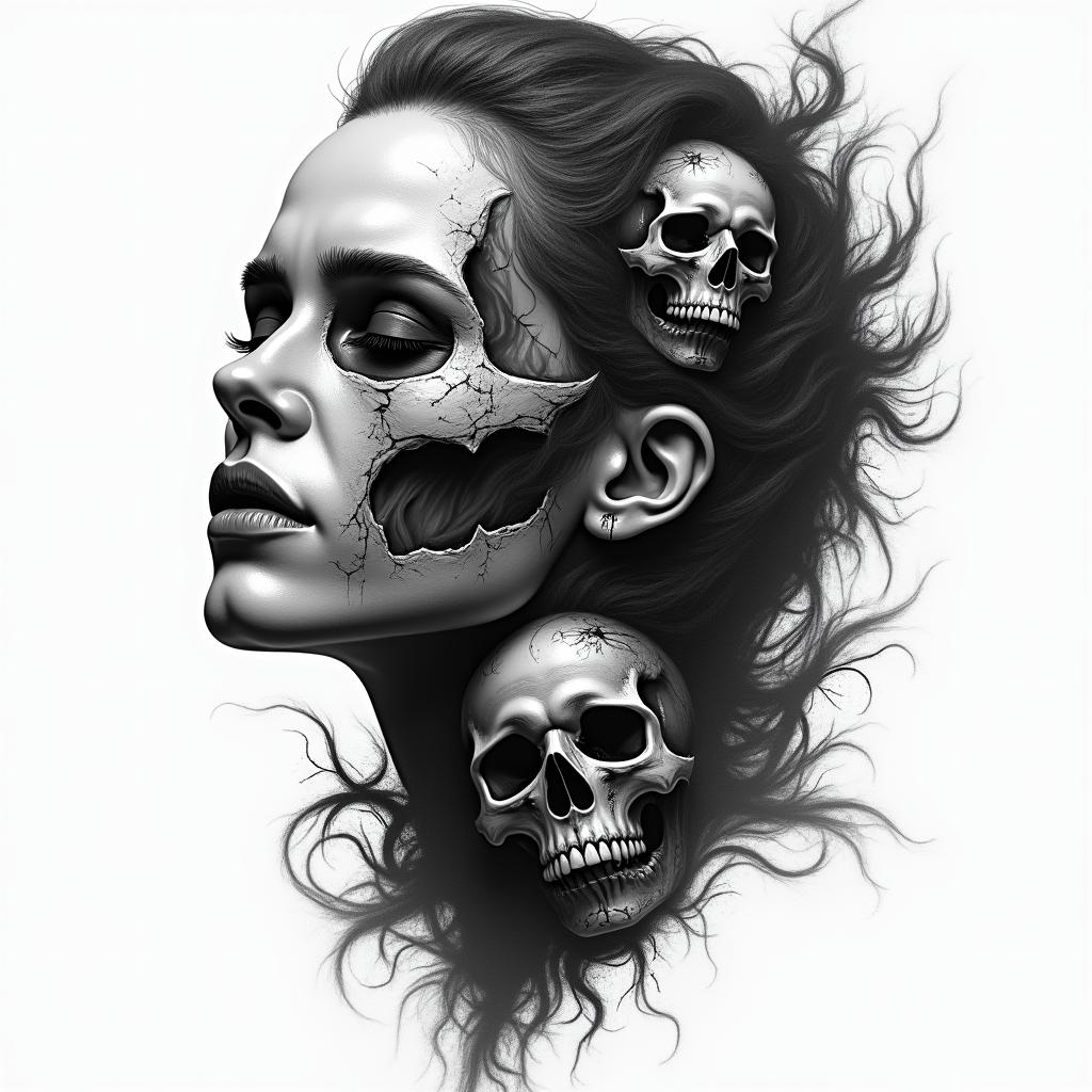 Warrior, survive, modern age, woman, strong in horror tattoo style, showcasing haunting and unsettling, dark and gritty textures with skulls, eerie faces, jgged designs, bold and intense shading - Variation 4