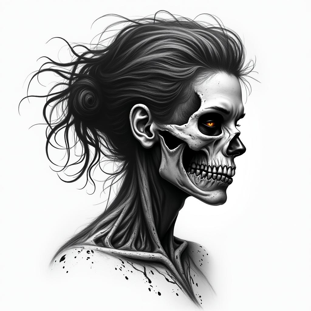 Warrior, survive, modern age, woman, strong in horror tattoo style, showcasing haunting and unsettling, dark and gritty textures with skulls, eerie faces, jgged designs, bold and intense shading - Variation 2