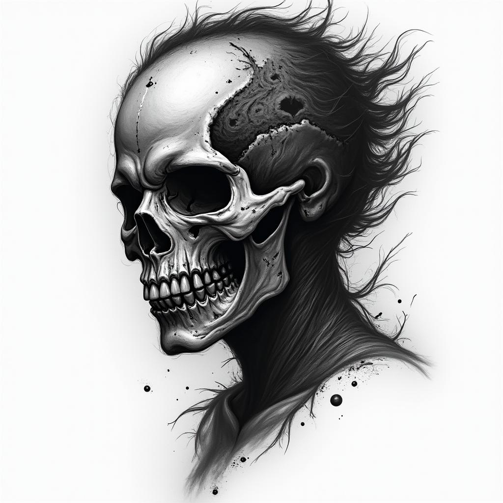 Warrior, survive, modern age, woman, strong in horror tattoo style, showcasing haunting and unsettling, dark and gritty textures with skulls, eerie faces, jgged designs, bold and intense shading - Variation 3
