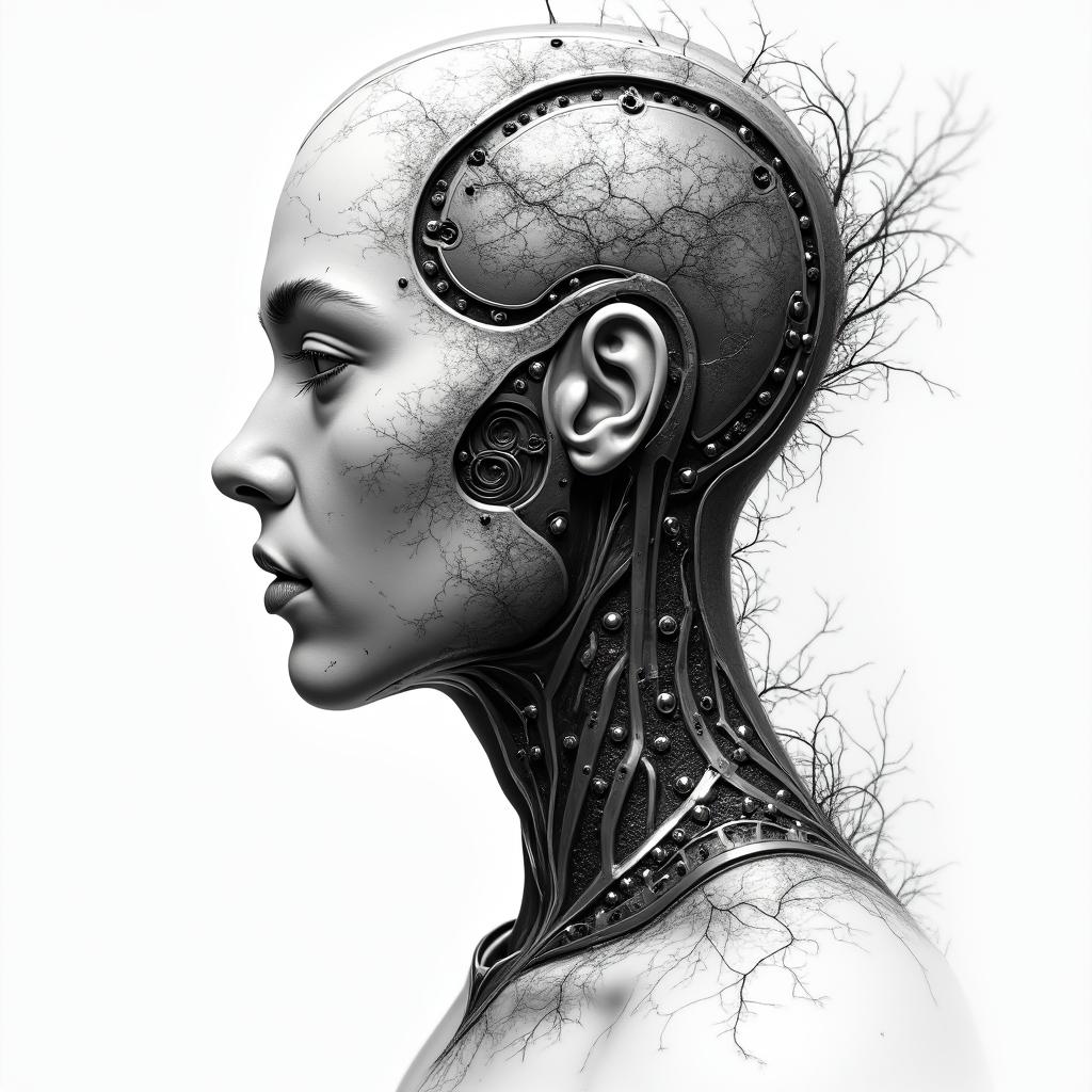 Overcome by time, the love of my father, the absence of my father, the memories, the journey, the maps of the world, death...tattoo in biomechanic style, the tattoo covered by robotic elements of futuristic cyberpunk design, robotic features detail, showcasing intricate mechanical components