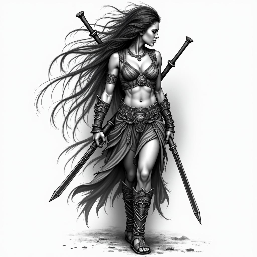 Warrior, survival, modern era, woman, strongin authentic tattoo style, incorporating traditional modifications, bold black outlines, solid color fills, featuring classic authentic elements