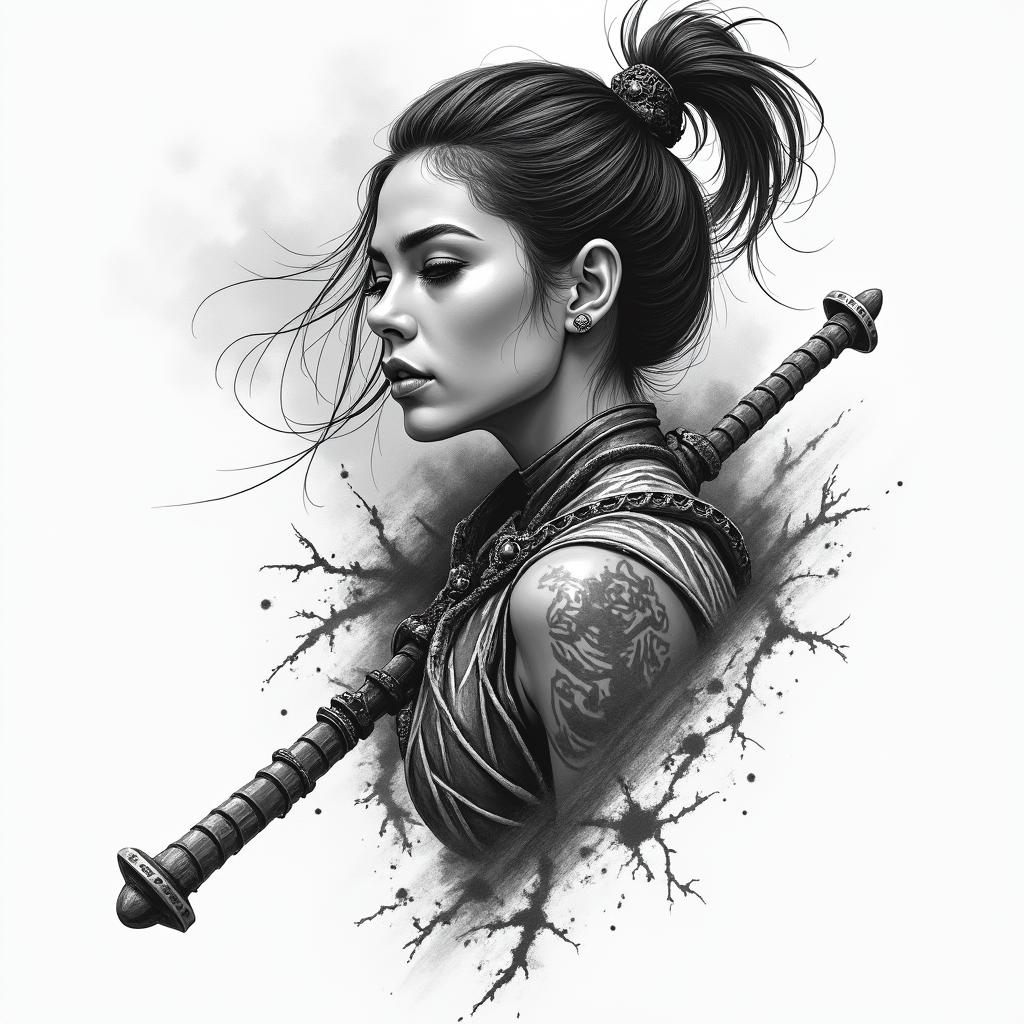 Krieger, überleben, Neuzeit, Frau, starkin authentic tattoo style, incorporating traditional modifications, bold black outlines, solid color fills, featuring classic authentic elements