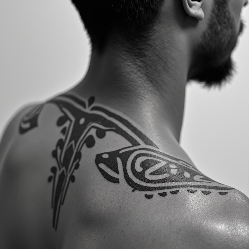 Sagittariusin tribal tattoo style, featuring bold and black geometric shapes, curved lines, intertwine and flow seamlessly, creating a powerful and symbolic design, polynesian and maori styles - Variation 7