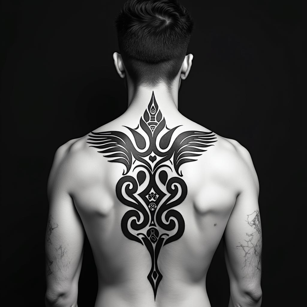 Sagittariusin tribal tattoo style, featuring bold and black geometric shapes, curved lines, intertwine and flow seamlessly, creating a powerful and symbolic design, polynesian and maori styles