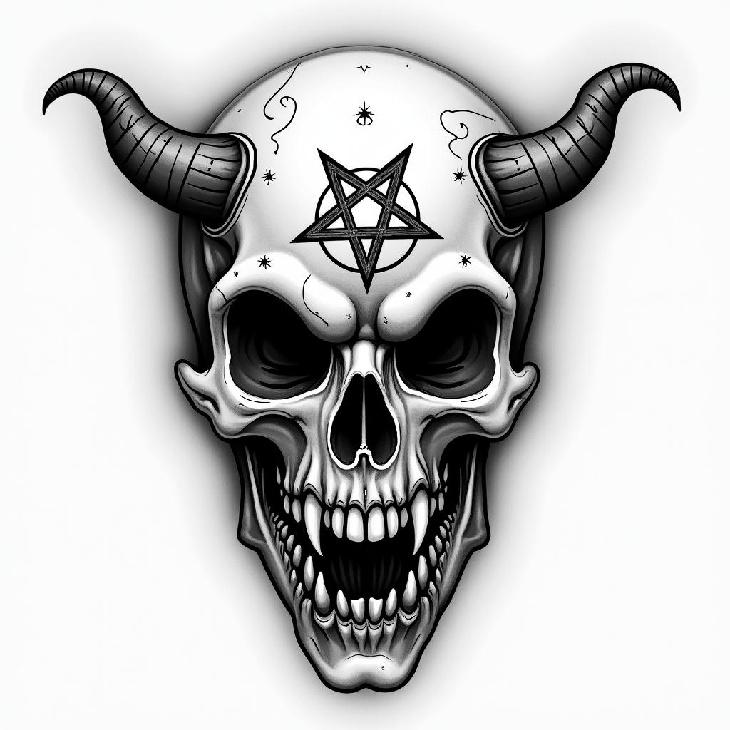 19996 creepy horror tattoo style, featuring an eerie and unsettling skull of a demonic creature, distorted face with sharp fangs, add pentagram symbol