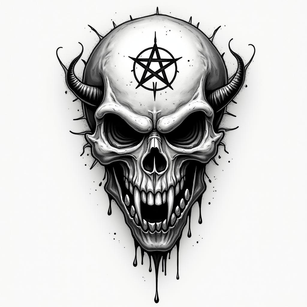 1996creepy horror tattoo style, featuring an eerie and unsettling skull of a demonic creature, distorted face with sharp fangs, add pentagram symbol - Variation 2
