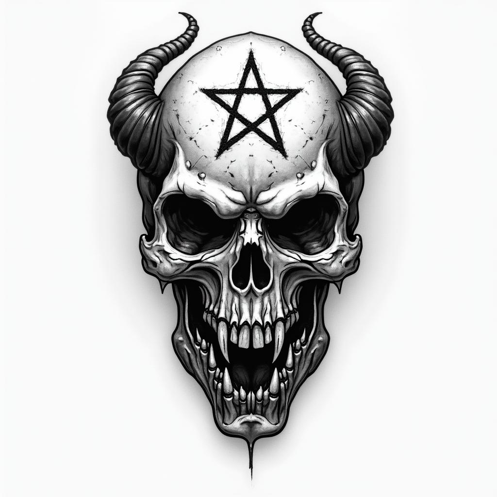 1996creepy horror tattoo style, featuring an eerie and unsettling skull of a demonic creature, distorted face with sharp fangs, add pentagram symbol