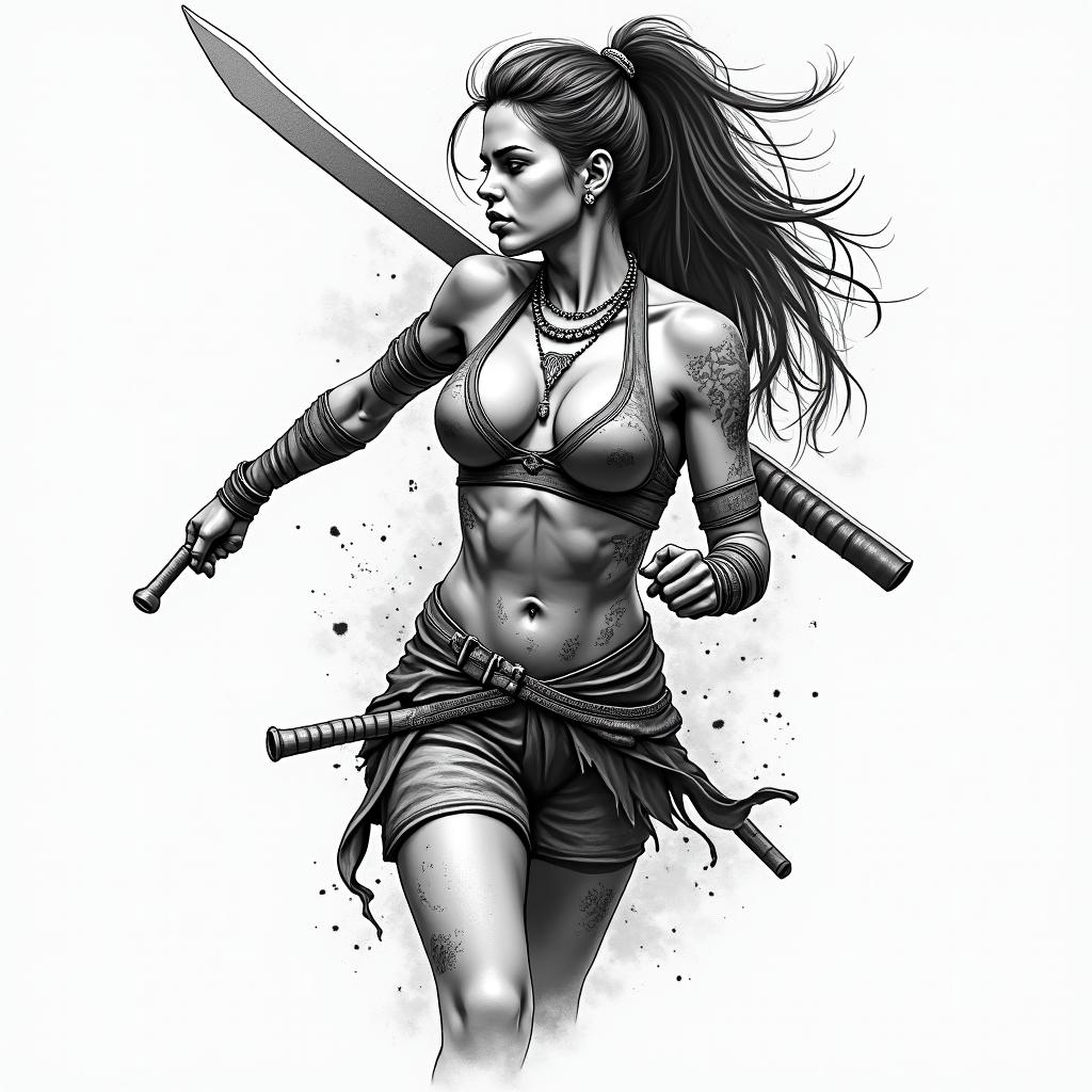 Warrior, survive, modern age, woman, strongin new school tattoo, pop culture, modern, detailed tattoo, illustrative - Variation 4
