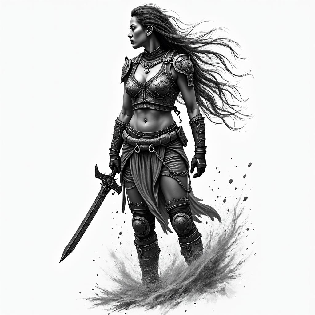 Warrior, survive, modern age, woman, strongin new school tattoo, pop culture, modern, detailed tattoo, illustrative - Variation 3
