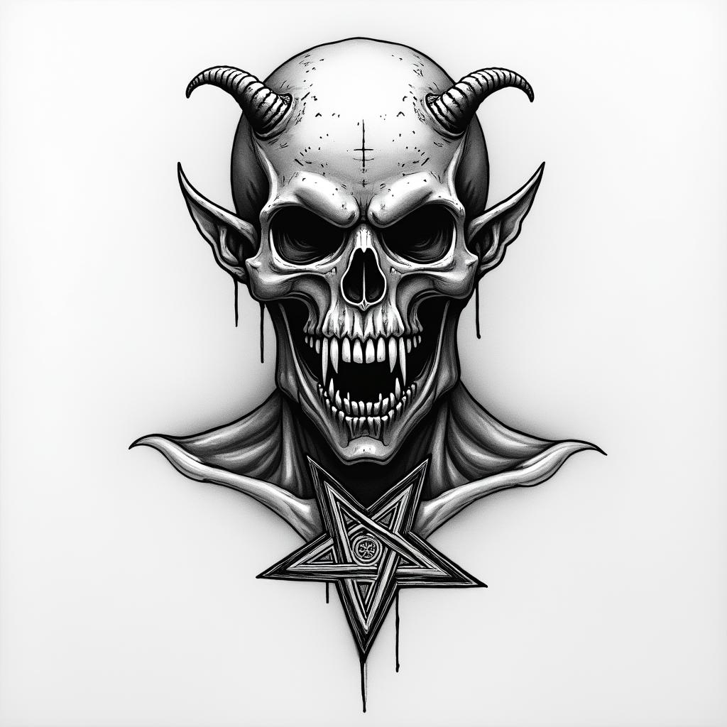 1996 on my shoulderscreepy horror tattoo style, featuring an eerie and unsettling skull of a demonic creature, distorted face with sharp fangs, add pentagram symbol