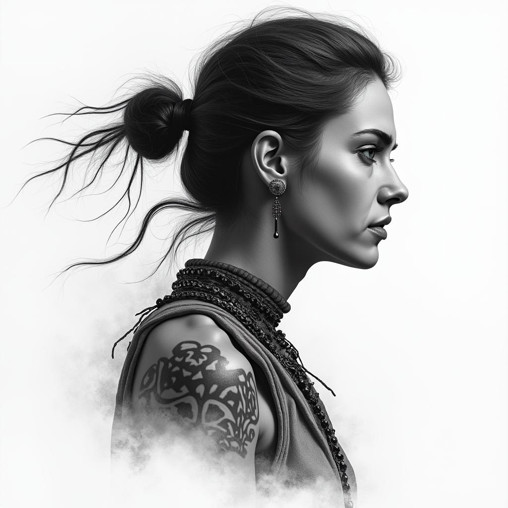 Warrior, survival, modern times, woman, strongin portrait tattoo style, featuring a highly realistic and detailed depiction - Variation 2