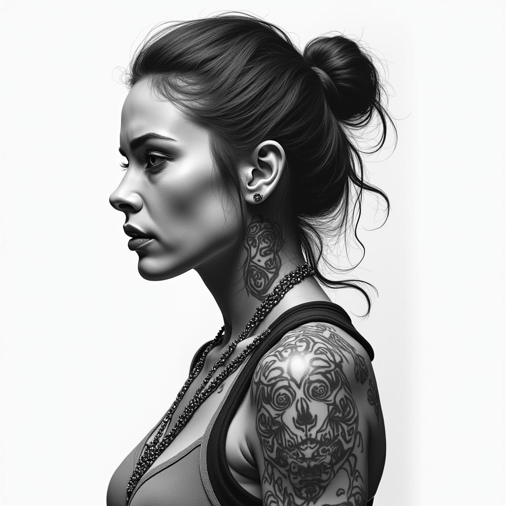 Warrior, survival, modern times, woman, strongin portrait tattoo style, featuring a highly realistic and detailed depiction - Variation 3