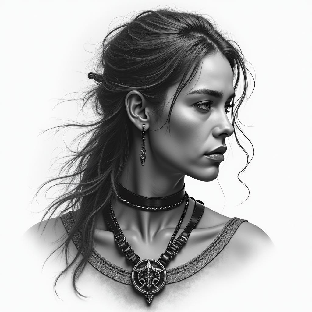 Warrior, survival, modern times, woman, strongin portrait tattoo style, featuring a highly realistic and detailed depiction