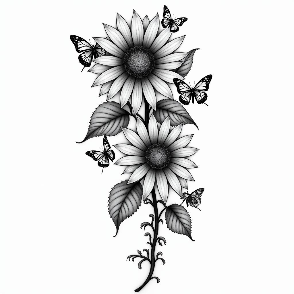 Roses an sunflower with butterflies on a vinehigly detailed tattoo - Variation 6