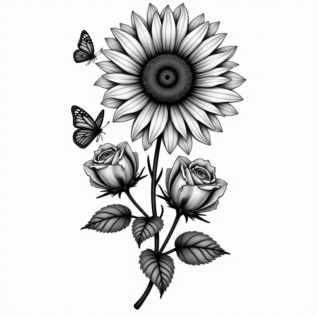 Roses an sunflower with butterflies on a vinehigly detailed tattoo - Variation 8
