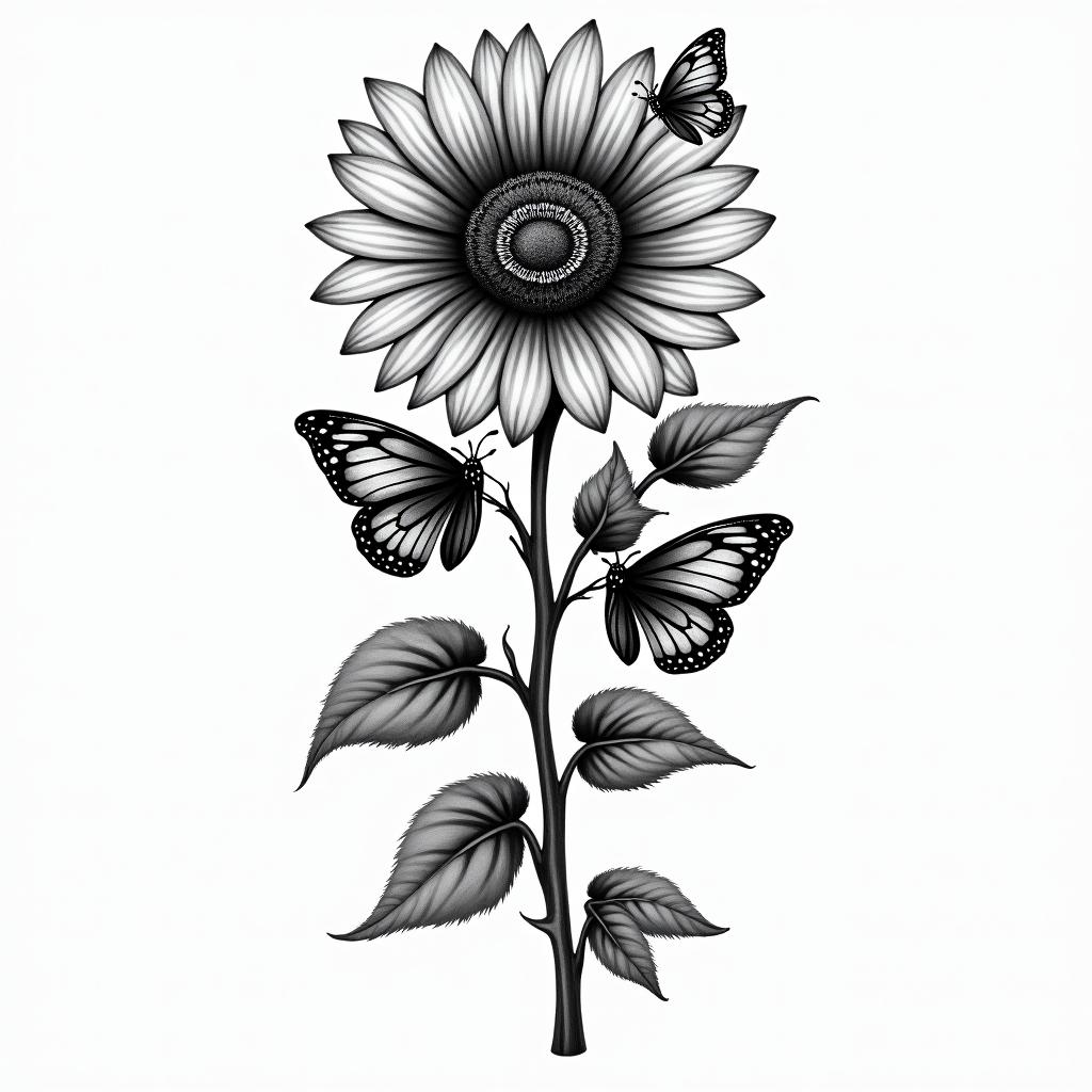 Roses an sunflower with butterflies on a vinehigly detailed tattoo - Variation 5