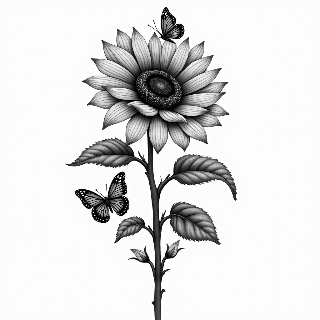 Roses an sunflower with butterflies on a vinehigly detailed tattoo - Variation 4