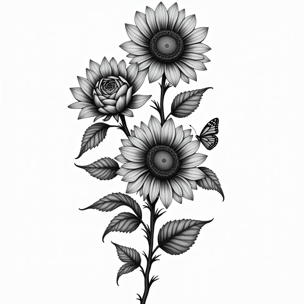 Roses an sunflower with butterflies on a vinehigly detailed tattoo